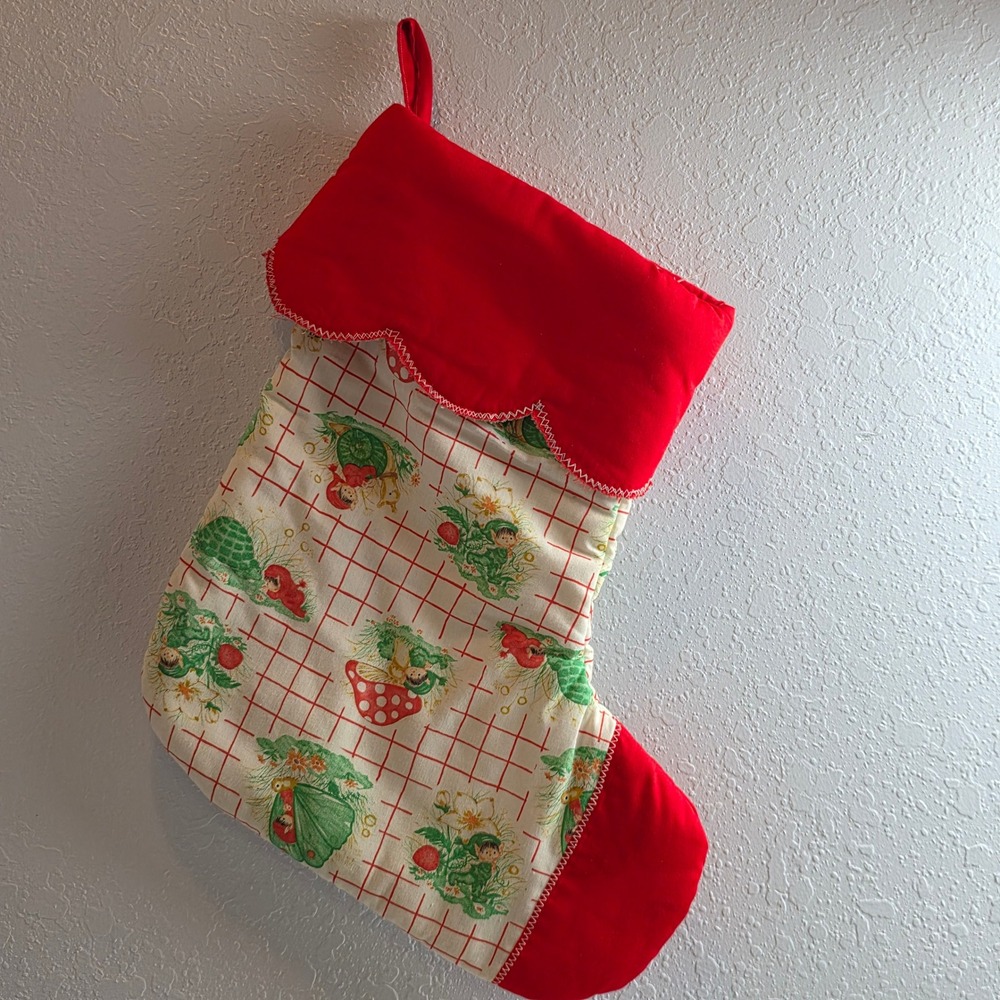 Vintage Handmade Gnome Mushroom Snail Christmas Stocking Red Ric-Rac‎ Trim